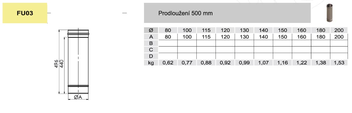 komínový díl - trubka 0,5m - DN 80mm