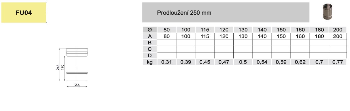 komínový díl - trubka 0,25m - DN 80mm