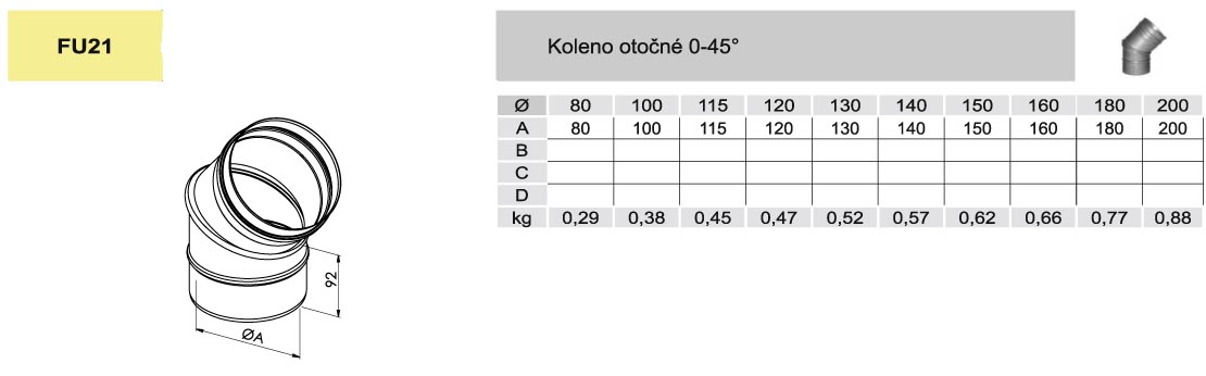koleno otočné 0-45° - DN 140mm (síla plechu 0,8mm)