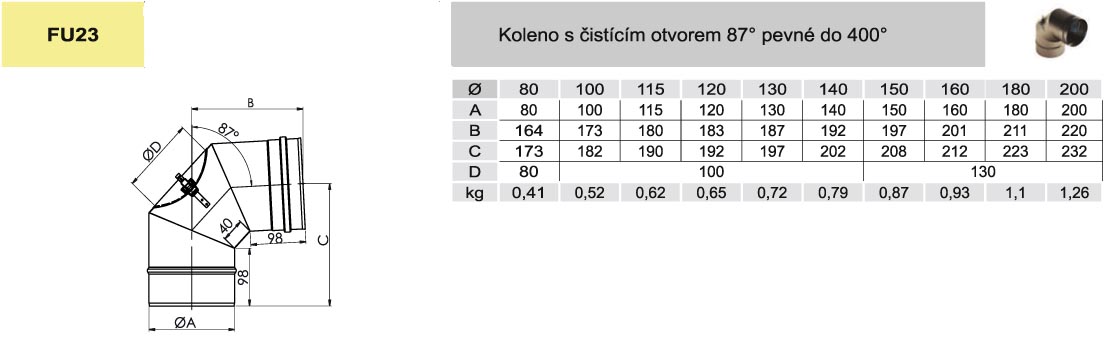 koleno otočné 0-90° s kontrolním otvorem - DN 140mm (síla plechu 0,6mm)