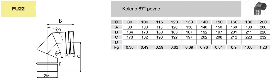 koleno pevné 87° - DN 200mm (síla plechu 0,6mm)