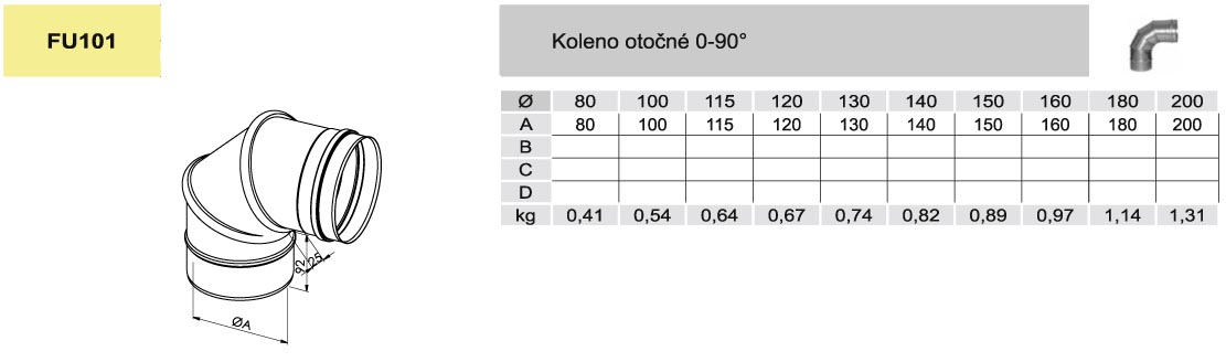 koleno otočné 0-90° - DN 180mm (síla plechu 0,8mm)