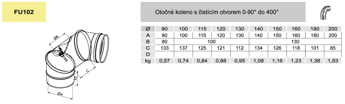 koleno otočné 0-90° s kontrolním otvorem - DN 160mm (síla plechu 0,8mm)