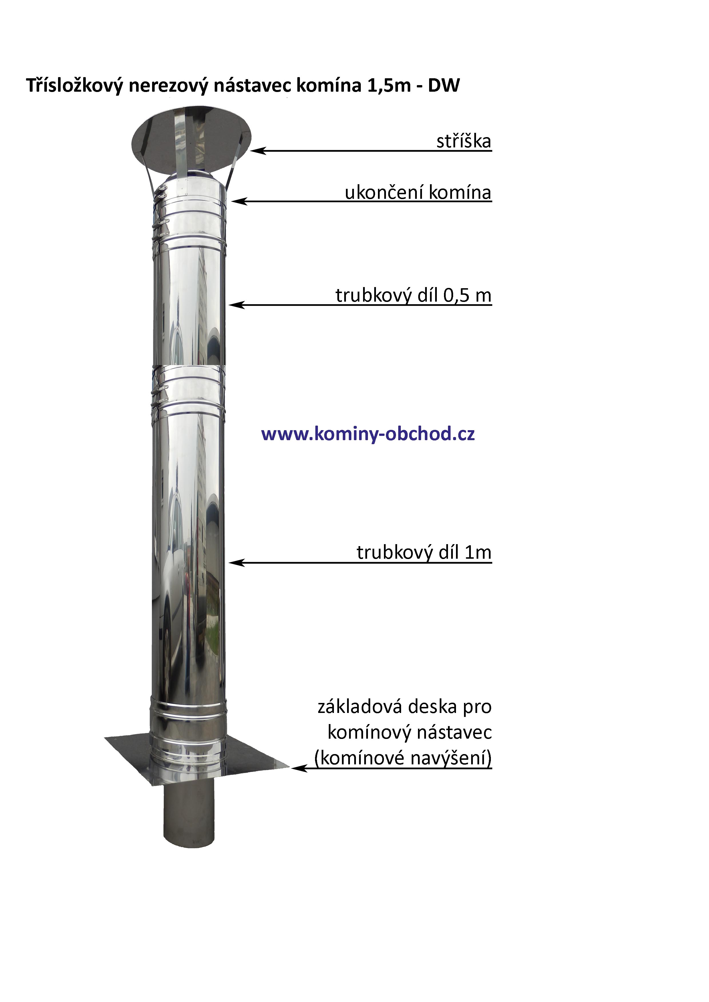 nerezový komínový nástavec 1,5m - DN 130mm