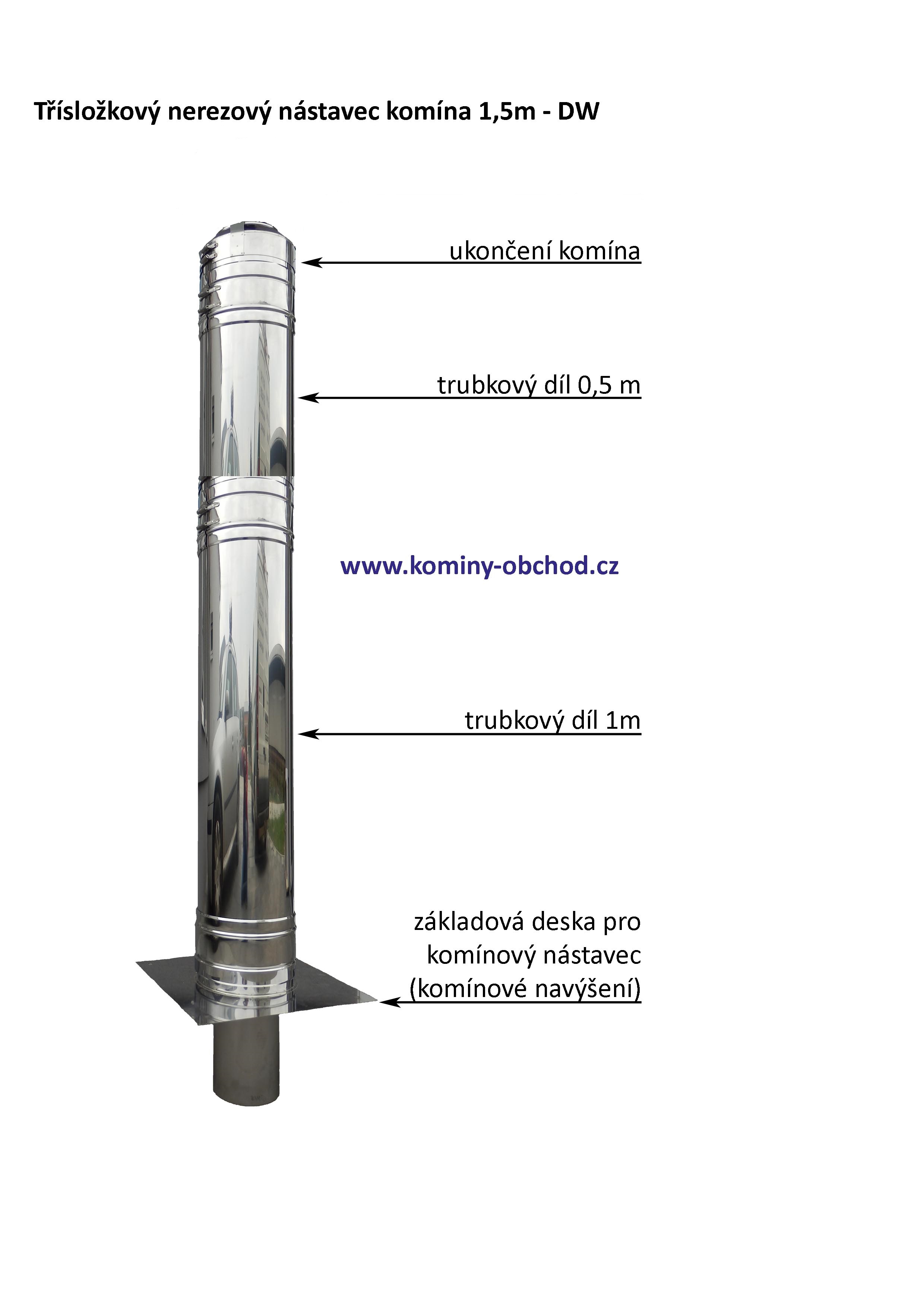 nerezový komínový nástavec 1,5m bez stříšky - DN 160mm